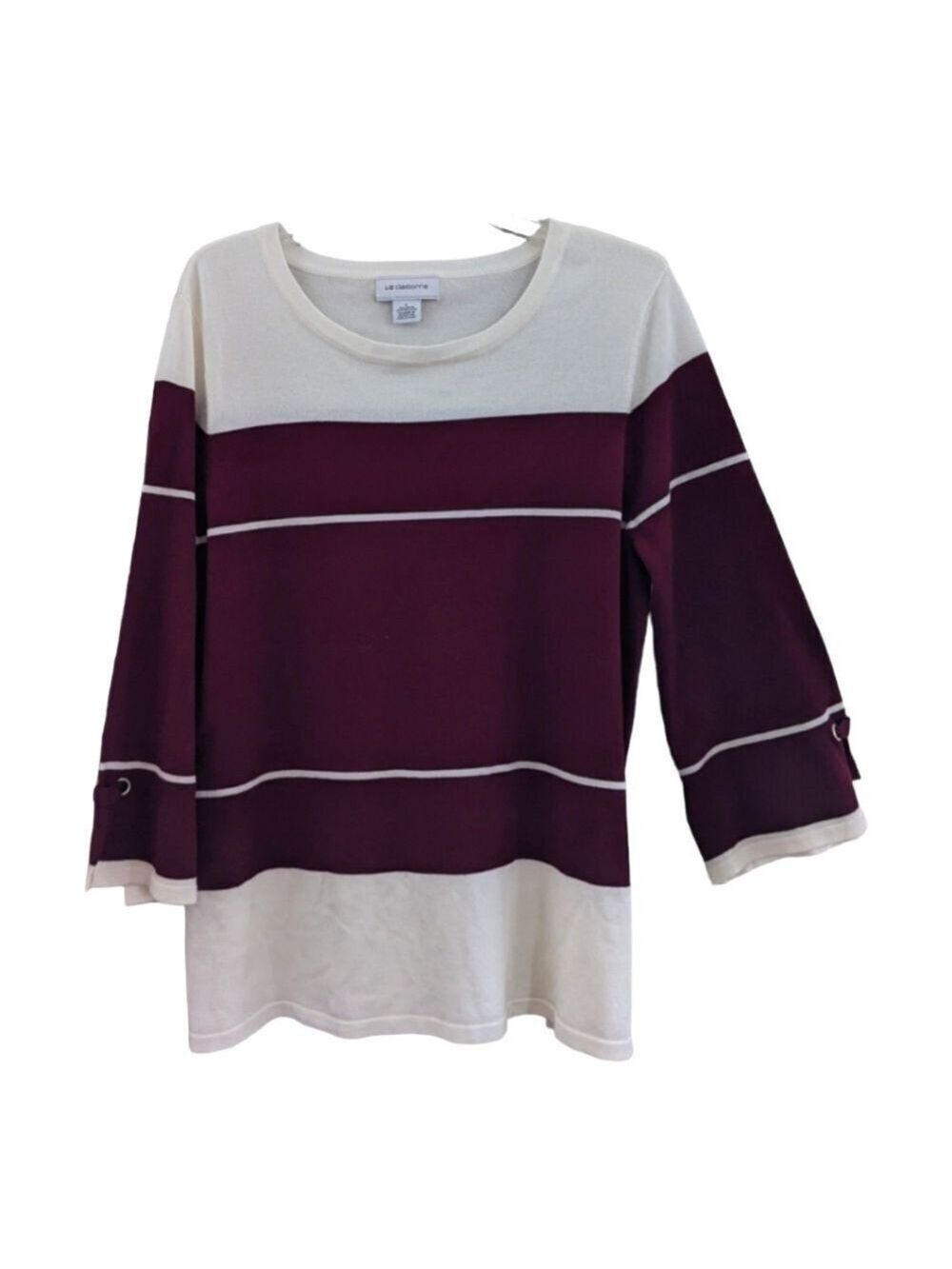 NEW LiZ Claiborne Burgandy and Cream Striped Bell Sleeve sweater, size Large
